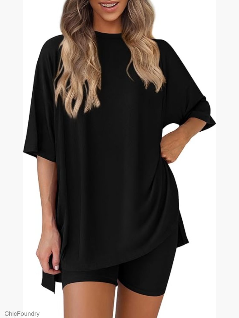 2 Piece Lounge Set With Oversized Tee And Biker Shorts Travel Outfit